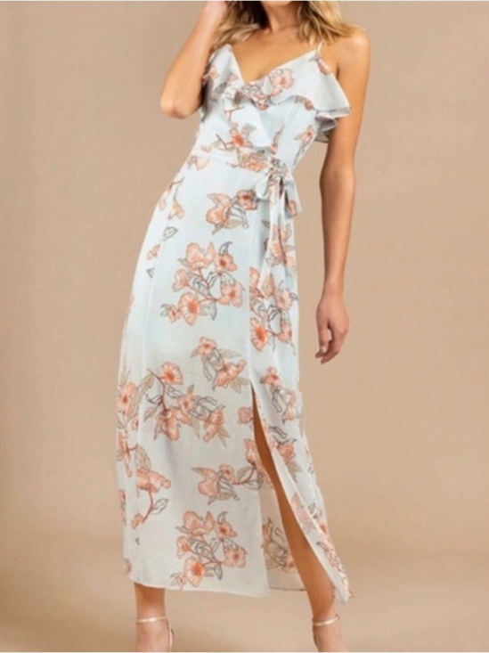 J.O.A. Dresses & Skirts - J.O.A. Floral Print Ruffle V Neck Midi/Maxi Dress, Blue Orange, NWOT, Size L